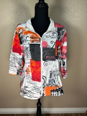 Onque Casuals Designer French Collage Colorful Red Women’s Zip Jacket Size XL
